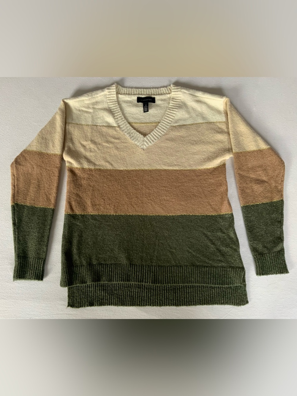 H Halston Cream Caramel Olive Color Block V-Neck Sweater XS